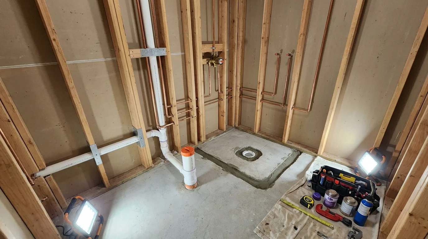Bathroom rough-in plumbing during remodel by Johns Plumbing LLC in Beach City