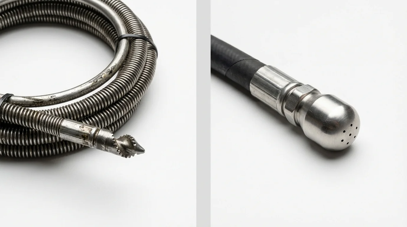Drain snake cable and hydro jetting nozzle used for drain cleaning in Beach City, OH