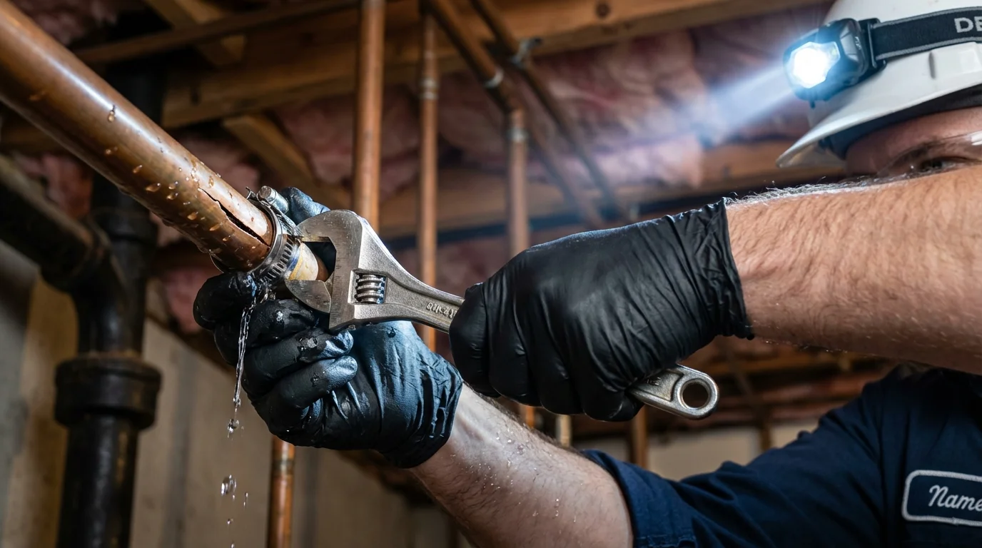 Emergency pipe clamp repair being performed by a Johns Plumbing LLC plumber in Beach City