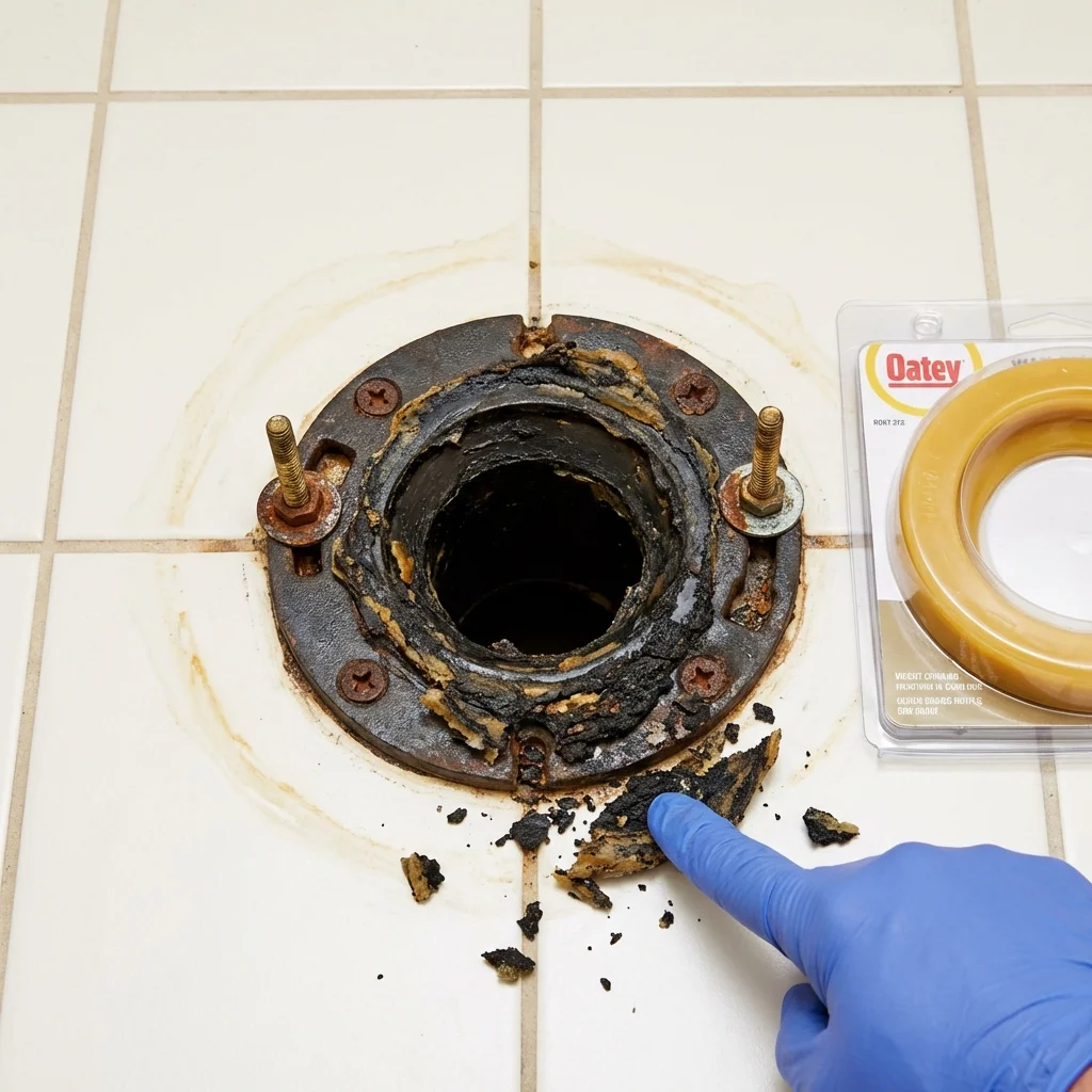Failed wax ring showing water seepage at the base of a toilet in a Beach City, OH home