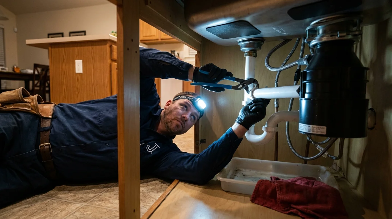 P-trap and supply line connections under a kitchen sink showing a common leak point in Beach City, OH